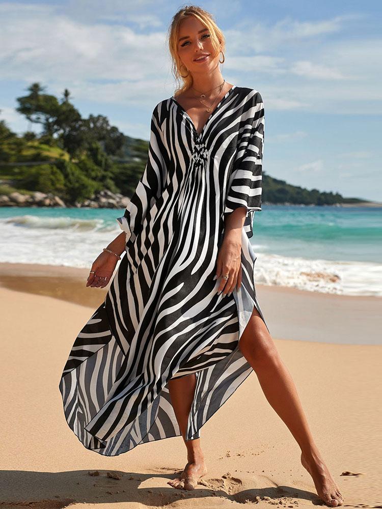 EDOLYNSA сексуальное бикини в полоску с зеброй, повседневное летнее пляжное платье с v-образным вырезом и разрезом по бокам, женская пляжная одежда, купальный костюм, накидка Q1297