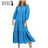 HNXC Женская мода весна осень сплошной цвет печати с длинным рукавом ПОЛО шеи Высокая талия повседневные платья