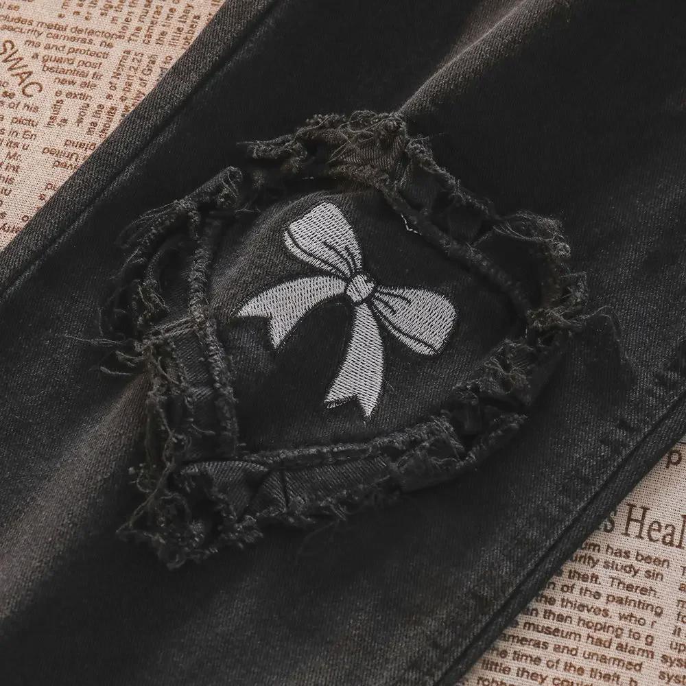 Женские черные джинсы с высокой талией и вышитым бантом Love Bow - новый весенне-осенний стиль с прямыми, свободными широкими штанинами