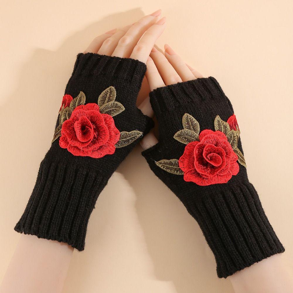 Half Finger Embroidery Knitted Gloves Floral Crochet Flower Mittens Winter Wool Gloves Outdoor
