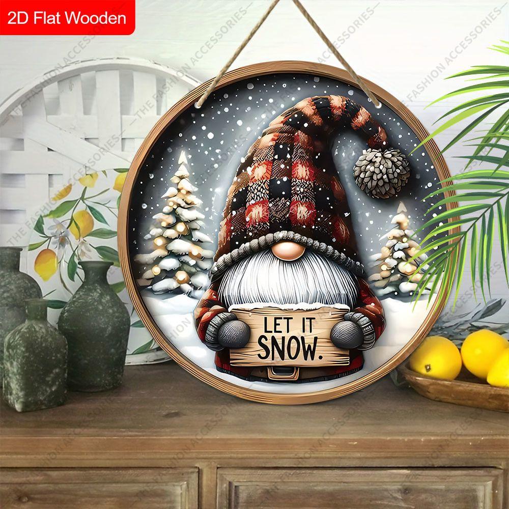 Клетчатый Гном LET IT SNOW Круглая Деревянная Подвесная Табличка, 2D Плоская Печатное Рождественское Настенное Украшение для Двери, Зимний Рождественский Декор для Дома Подарок
