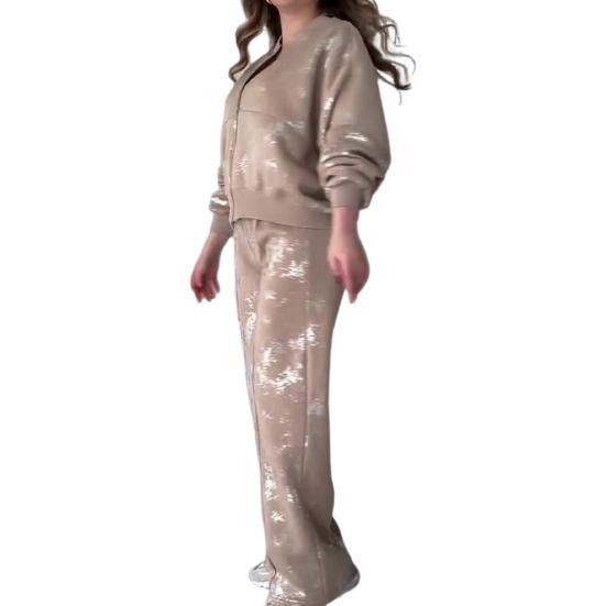 2 шт./компл. женский костюм с воротником-стойкой на молнии с длинными рукавами эластичные манжеты с блестками пальто с эластичной резинкой на талии толстые широкие брюки осенне-зимний спортивный костюм