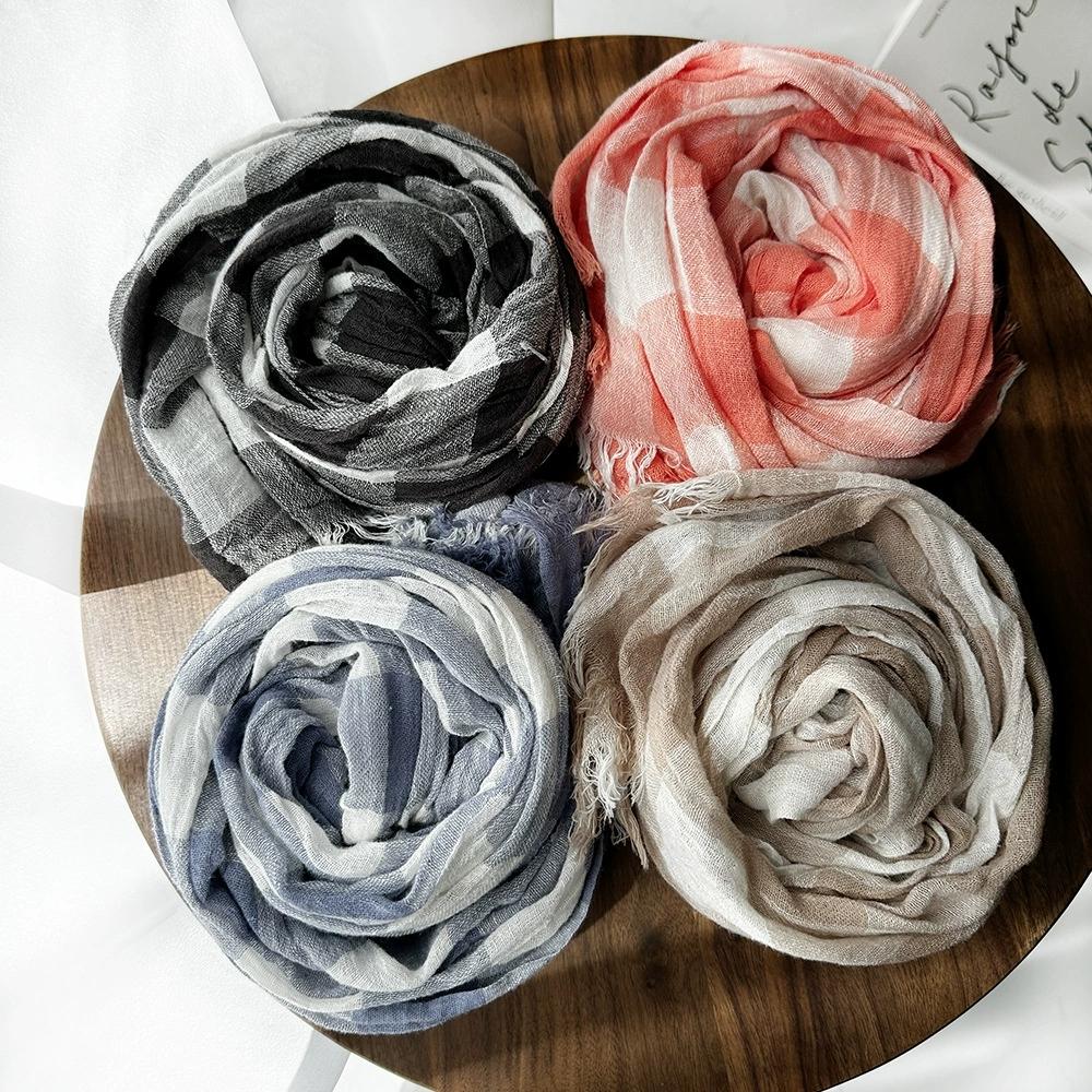 Japanese Literary Linen Scarf Classical Plaid Cotton and Linen Blend Scarf for Men and Women Neutral Unisex Retro Warm Scarves
