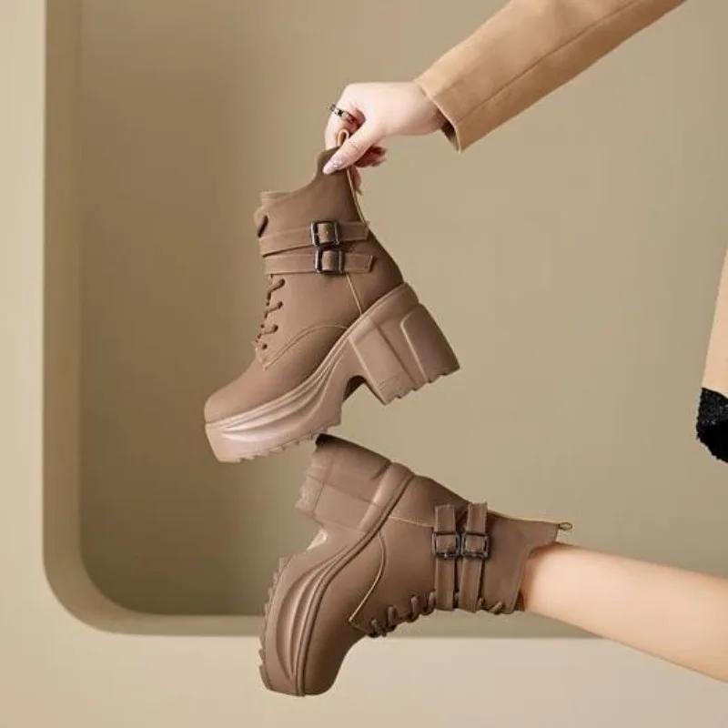 Мода 10 см Микрофибра Синтетика Женские Молния Массивный Каблук Платформа Ботильоны Осень Лодыжка Весна Лодыжка Мотоциклетные Обувь на Толстой Подошве