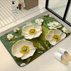 Green Background White Flower Plant Series Bathroom Mat Set 3pcs Non-Slip Absorbent Toilet Lid Cover and U-Shaped Rug