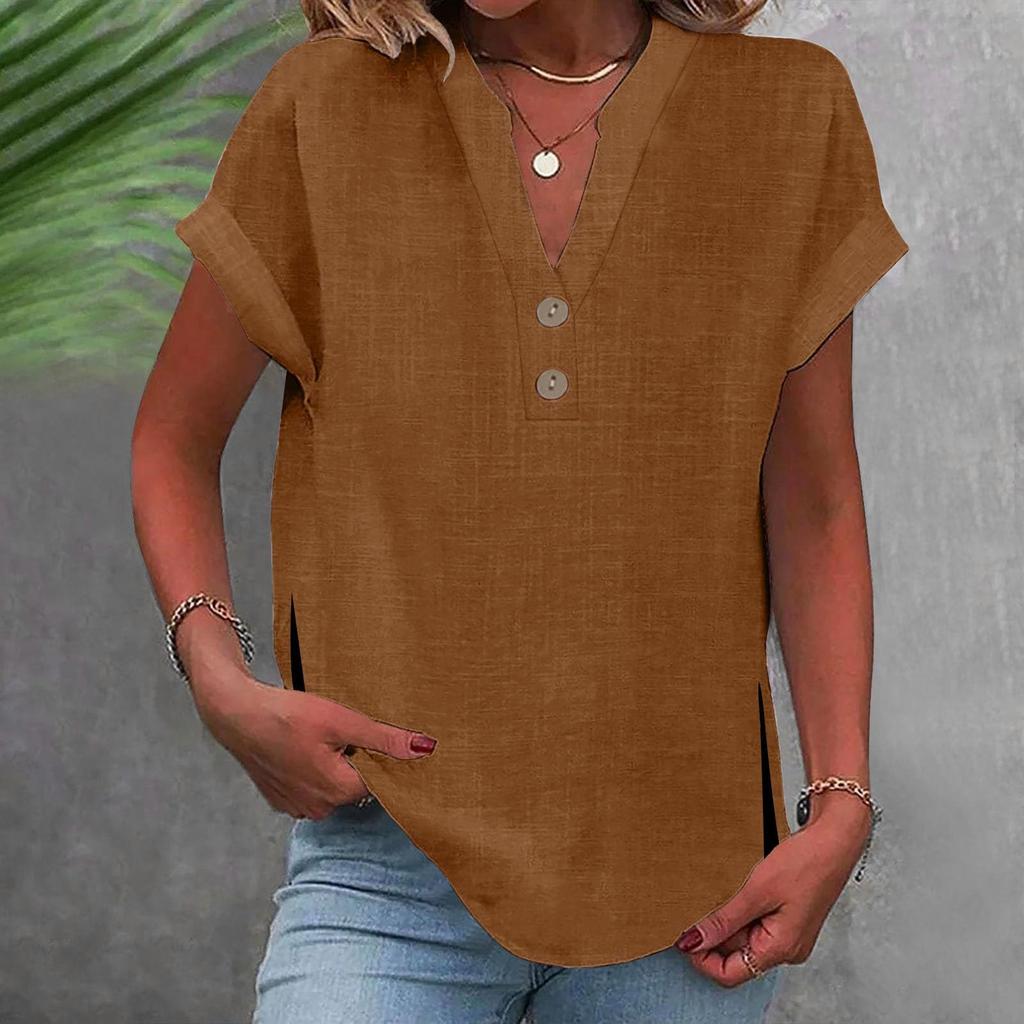 Women's Fashion Casual Solid Colour V-Neck Short Sleeve Button Split Shirt T-Shirt Top