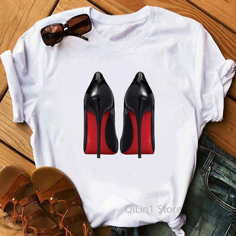 New Women's T-Shirt Pink High Heel Top Female T Shirts Lady Luxury Make Up Paris Style Shirt Harajuku Summer Tops Short Clothes
