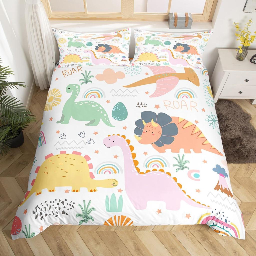 Kawaii Dinosaur Duvet Cover Set Cartoon Animal Theme Bedding Set For Kids Teenagers Bedroom Decor Double Queen King Quilt Cover