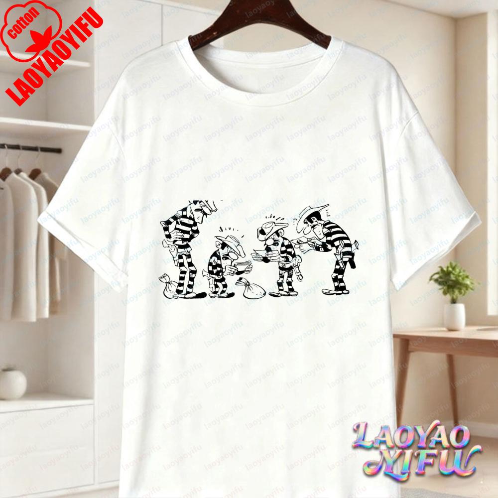 Lucky Luke Full Cast Print Casual Tops Playful Western Cartoon Cotton Tee Funny Vintage Classic Anime Shirt Trend Unisexs Clothing