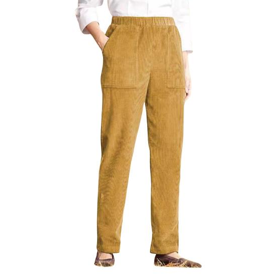 Corduroy Casual Pants Elastic Waist Women Long Pants with Pockets Solid Color Straight
