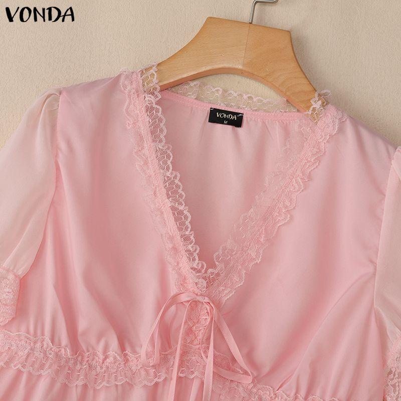 VONDA Женские повседневные блузки с V-образным вырезом, коротким рукавом, кружевной отделкой по подолу, прозрачными вставками