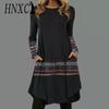 Women's Fashion Autumn Winter Long Sleeve O-Neck High Waist Casual Dresses
