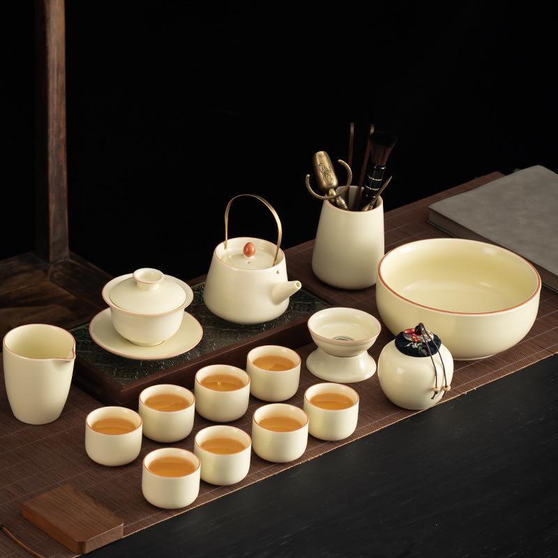 Ru Kiln Kung Fu Tea Set Ceramic Teapot Teacup Tea Tray Light Luxury Household Complete Set Cover Bowl Tea Set Customized Printing
