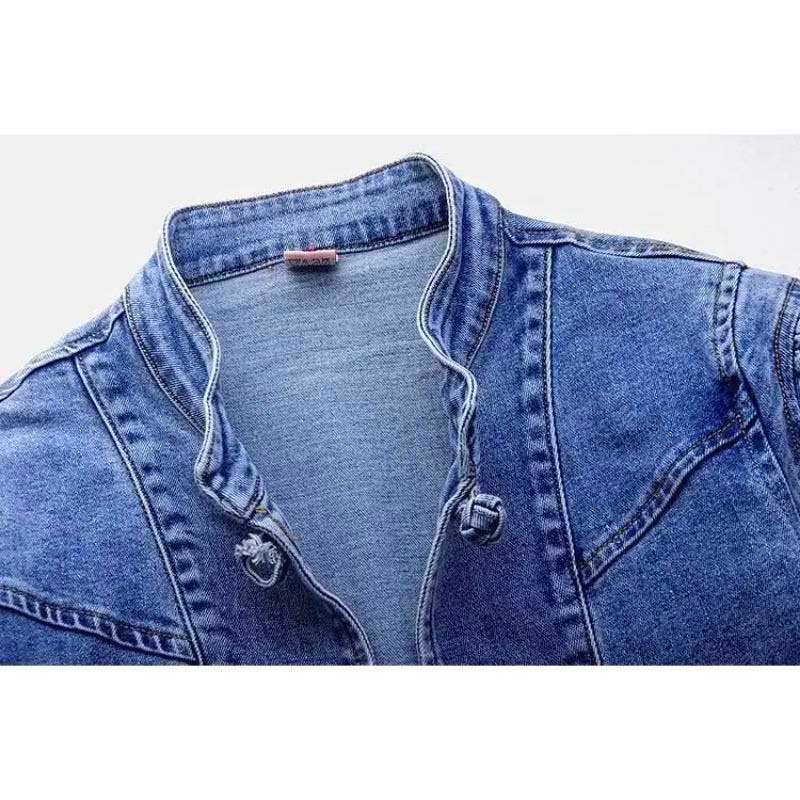Вышитая джинсовая куртка с воротником-стойкой, женское короткое пальто, винтажная свободная куртка-стрейч в стиле шинуазри, теплая рубашка с длинными рукавами, осень