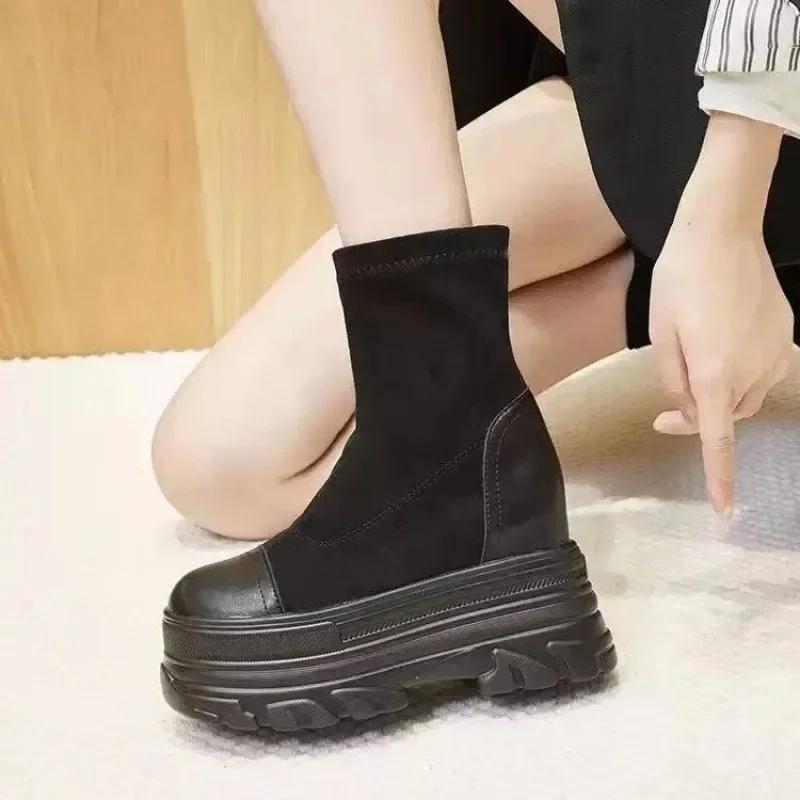 Fashion Fashion High Quality Womens Shoes Heels Wedge Suede Elasticated 10CM Platform Ankle Boots Casual Shoes With Zipper Black Spring
