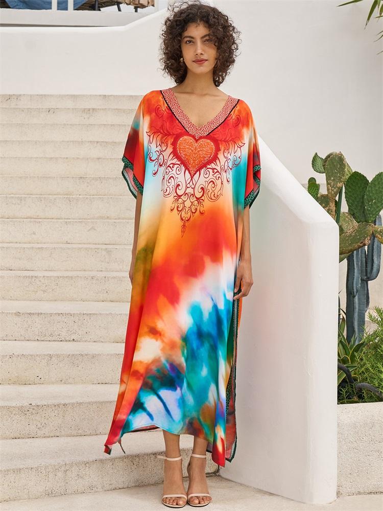 EDOLYNSA 2024 Boho Colorful Printed Batwing Sleeve V-neck Beach Dress Women Summer Swimwear Coverup Cozy Plus Size Kaftan Homewear Q1674