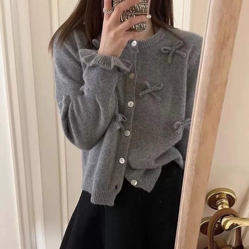 Корейский нежный и милый стиль трехмерный бант вязаный кардиган женский расклешенный рукав круглый вырез свитер куртка короткий топ