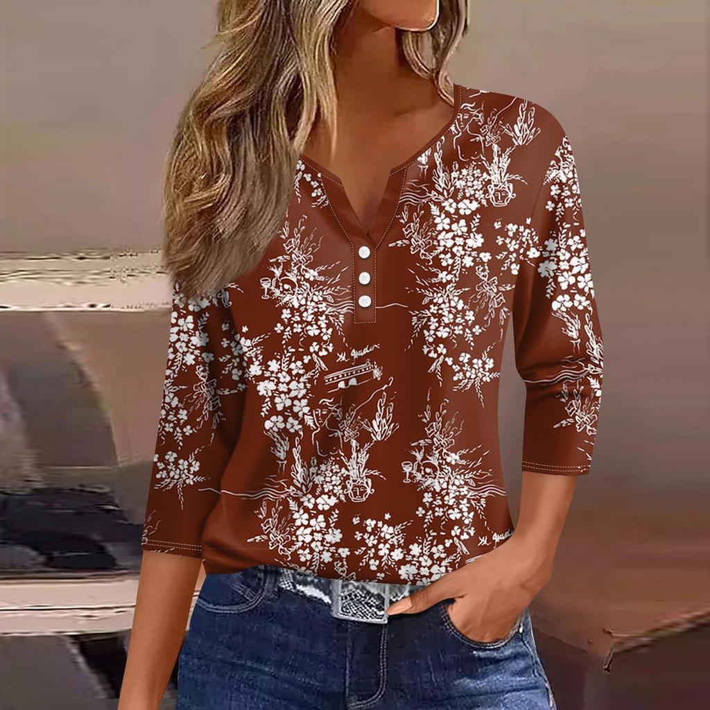 3/4 Length Sleeve Womens Tops Floral Print Vintage Fashion Casual Loose With V Neck Plus Size Shirts