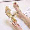 Rhinestone Sandals Women's Summer New Thick Heel Open Toe Middle Heel Versatile One Shoe Two Wear Sandals Women's Shoes
