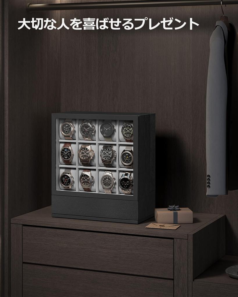 SONGMICS Держатель для часов на 12 штук, деревянный вертикальный дисплей с прозрачной крышкой, стильный подарок на День отца, на день рождения JOW014B01 Кейс, Часы, Крышка, Экономия места,