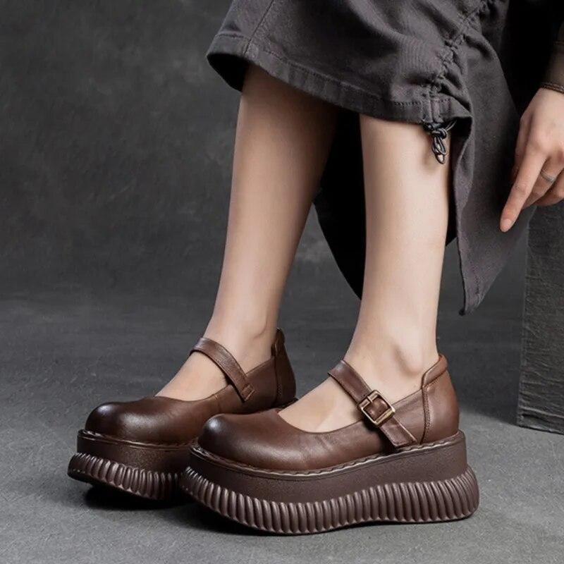 Johnature Mary Janes Shoes Genuine Leather Flat Platform Shoes Buckle Thick Soled Height Increasing Sandals