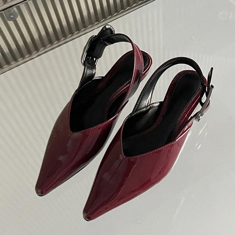 Fashion Design Big Buckle Strap Women Casual Flat Mules Sandals High Quality Cozy Patent Leather Pointed Toe Dress Shoes