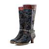 Hand Painted Genuine Leather Patchwork Vintage Court Style Lace Trimmed High Heeled Long Boots