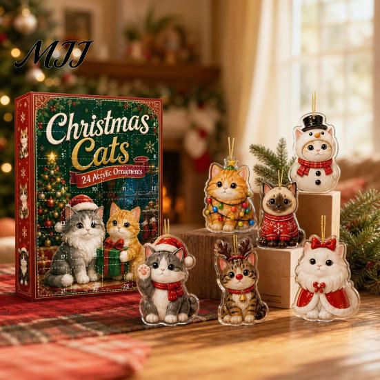 Seasonal Home Decor Christmas Cat Dog Advent Calendar, 24Pcs Acrylic 2D Ornament Set Pet Lover Keepsake with Cute Kitten/Dog/Lion Designs, Holiday