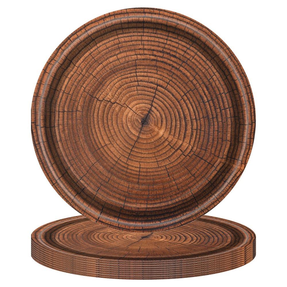 10pcs Round Imitation Wood Grain Disposable Plate Vintage Paper Food Tray Disposable Dish Picnic