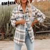 Женское осенне-зимнее фланелевое клетчатое пальто с лацканами на пуговицах, рубашка