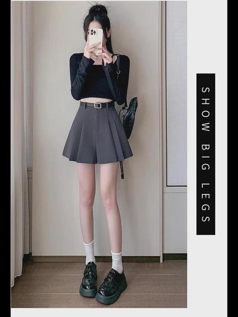 Женская летняя юбка-шорты 2024 года с высокой талией, серого цвета, с широкими штанинами и складками