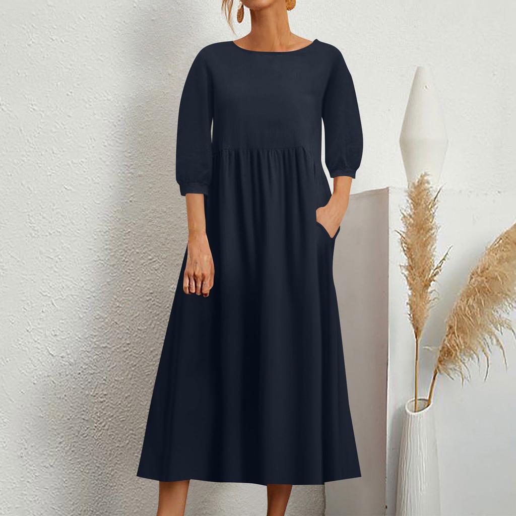 Женское модное однотонное свободное хлопково-льняное длинное платье с карманами и средними рукавами