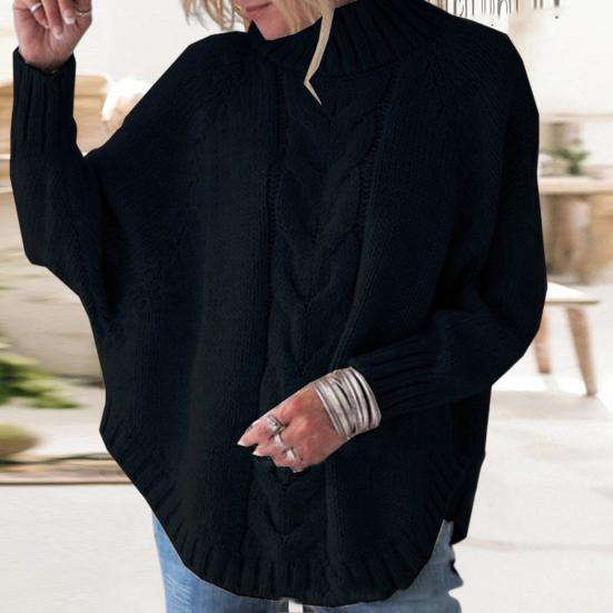 Yousheng Женский свитер Топы Полувысокий воротник Летучая мышь Длинный рукав Однотонный вязаный свитер Twist Texture Свободный крой Повседневный вязаный топ