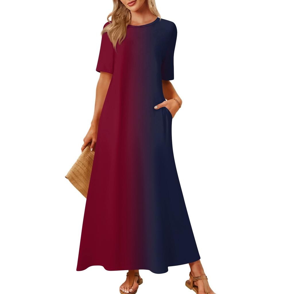 Women's Fashionable And Casual Long Beach Skirt Round Neck Short Sleeved Loose Retro Print Dress