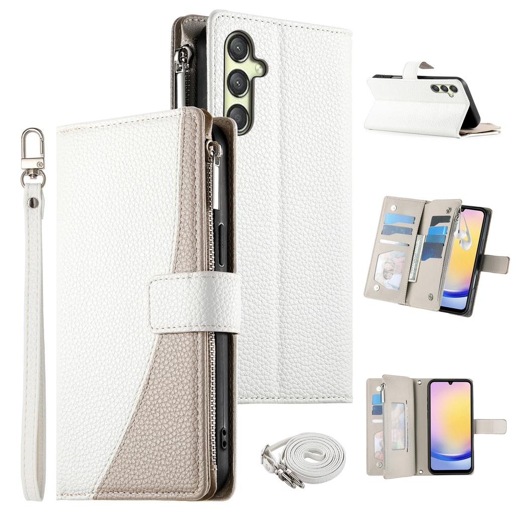 Для Samsung Galaxy A25 5G (Глобальный) (161.0мм) Чехол-кошелек на молнии, кожаный откидной чехол для телефона с ремешками, цветная вставка