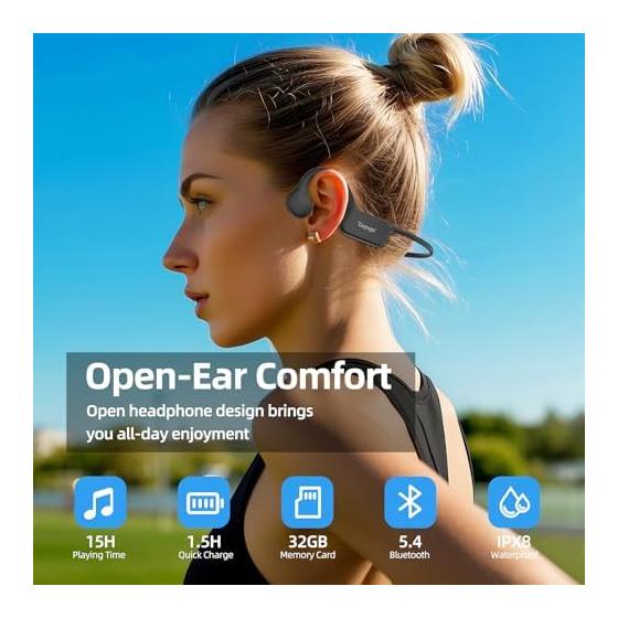 Наушники с костной проводимостью Tayogo, Bluetooth 5.4 с микрофоном, Полностью водонепроницаемые IPX8, Беспроводные, Открытого типа, Встроенная память 32 ГБ, Для плавания
