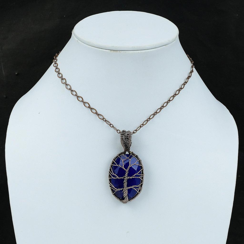 Древо жизни ограненный синий сапфир кулон медная проволока обернутый кулон ручной работы медная проволока обернутый ювелирный камень кулон для подарка