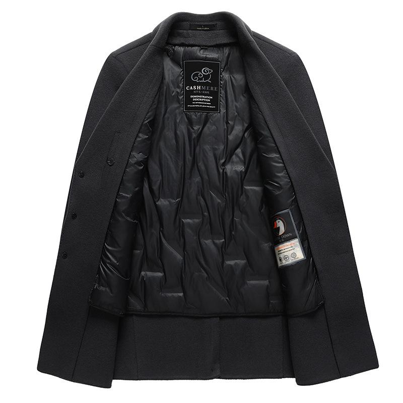 Зимнее мужское шерстяное пальто с подкладкой из гусиного пуха, средней длины, с воротником-стойкой, двухстороннее шерстяное пальто
