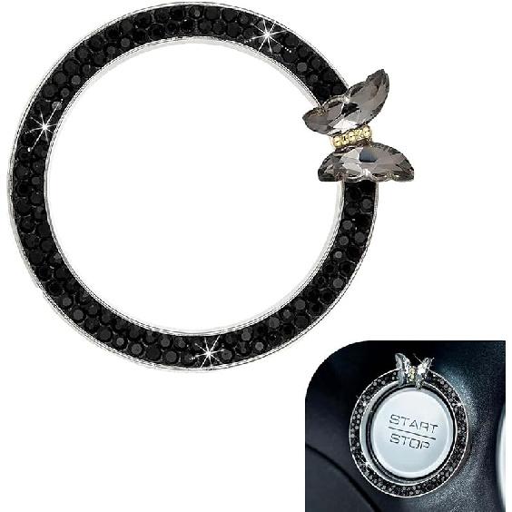 Bling Car Crystal Rhinestone Ring Emblem Sticker, Girly Butterfly Diamond Engine Start Button Cover, Push to Start Button, Key Ignition Starter &
