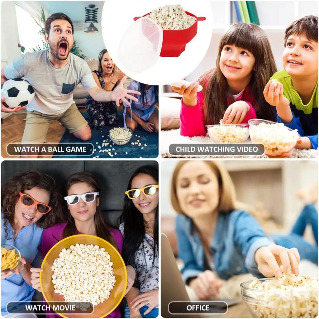 Жаростойкая силиконовая миска для попкорна Микроволновая печь Попкорница с крышкой Складное семейное ведро Держатель Кухонная выпечка