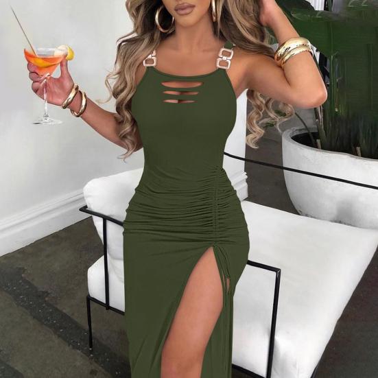 Женское платье Узкое без рукавов с открытой спиной и металлической цепочкой Декор с открытой спиной и высоким разрезом, ажурное плиссированное однотонное платье для вечеринки, клуба, отдыха, пляжа, миди