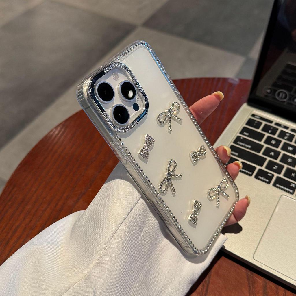 Чехол для iPhone со стразами и бантом: Подходит для 17 Pro Max, 15 Pro, 14/15, 11/12 - Полнокадровый Роскошный Дизайн