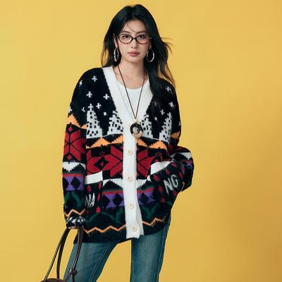 Свитера Кардиган Пуговицы Осень Карманы Узор Женщины Принт V-образный вырез Свитера Вязание Свободный Свитер