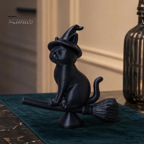 Изысканная коллекционная статуэтка ведьмы с кошкой, Черная статуэтка на метле, 3D-печатная фигурка-украшение, Настольное украшение для декора дома и офиса