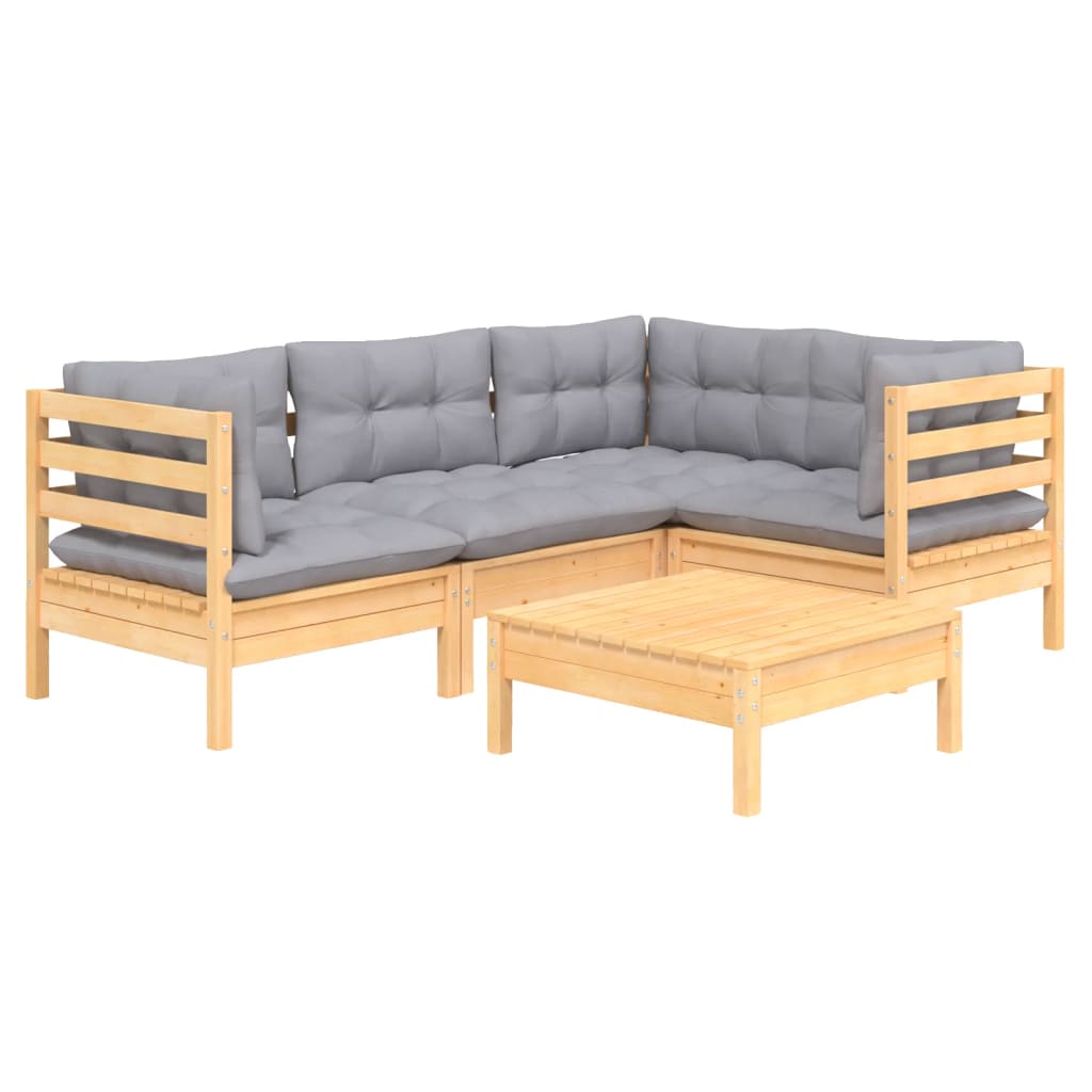 5 Piece Garden Lounge Set with Grey Cushions Pine Wood