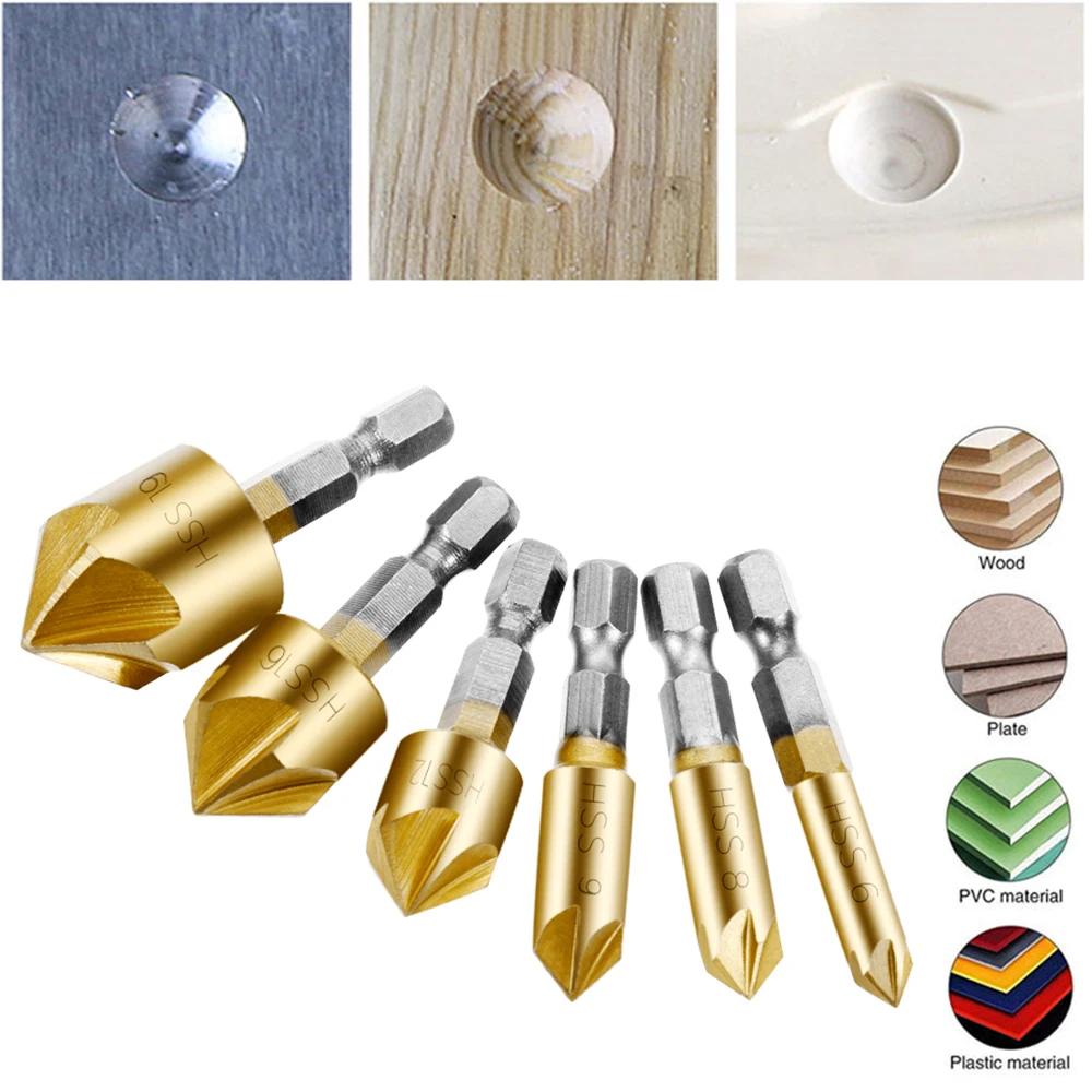 6Pcs Hexagonal Handle Conical Countersink 90 Degrees Conical Countersink Drill Bit Coated for Metal with Hex Shank Wood 6-19mm