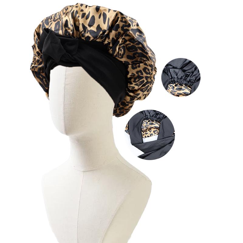 Satin Nightcap with Ribbon Bowknot, Double-Sided Silk Hair Cap, Leopard Print