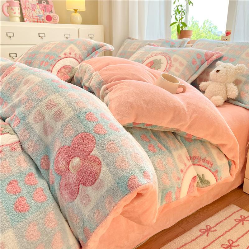 Snowflake Fleece Four-Piece Set, Thickened Milk Coral Fleece Quilt Cover, Double-Sided Fleece Quilt Cover, Bed Sheet, Bed Hat Three-Piece Set