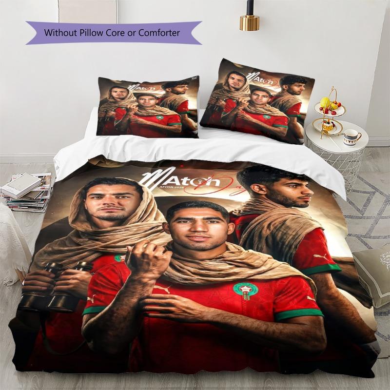 Morocco Football Team Print 3‑piece Bedding Set, Duvet Cover Set, Without Pillow Core or Comforter, Sport Fan Bedroom Decor