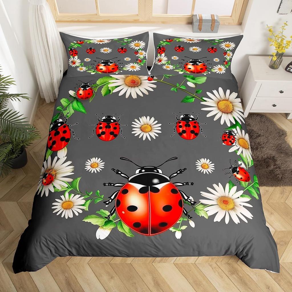 Cute Ladybug Duvet Cover Twin Queen Cartoon Animal Ladybird Insect Bedding Set Kawaii Wildlife Love Heart Print Comforter Cover